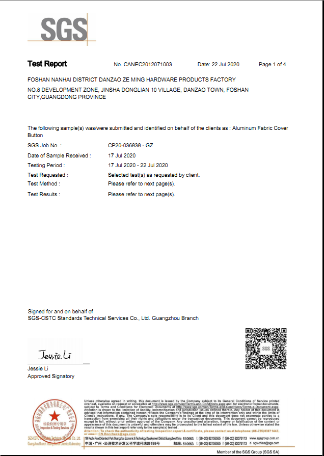SGS Report of Cover Button Blank